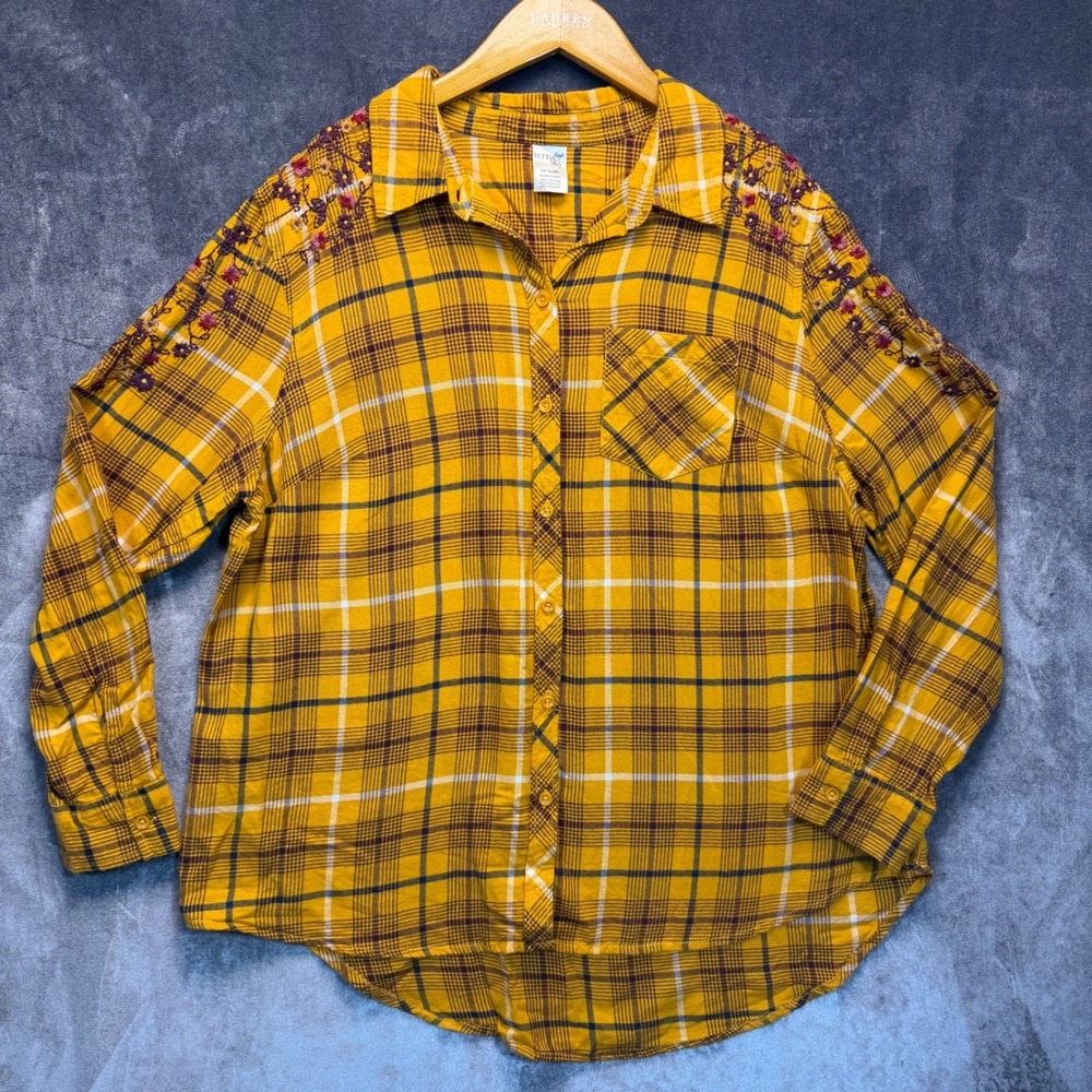 Terra & Sky Plaid Button Down Women's 0X 14W Ochre Harvest Boho Cottagecore